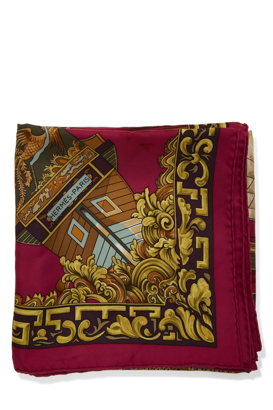 Burgundy & Multicolor 'Jonques et Sampans' Silk Scarf 90, , large image number 1