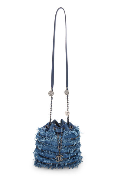 Blue Denim Fringe Bucket Bag, , large