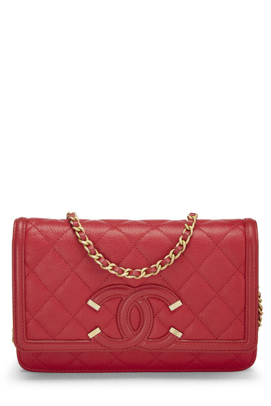 Red Quilted Caviar Leather Filigree CC Wallet on Chain (WOC), , large image number 1