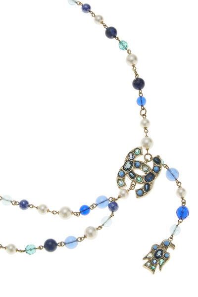 Blue Glass & Faux Pearl Beaded 'CC' Belt, , large