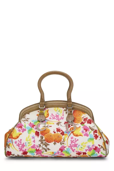 Multicolored Floral Canvas Frame Satchel Handbag