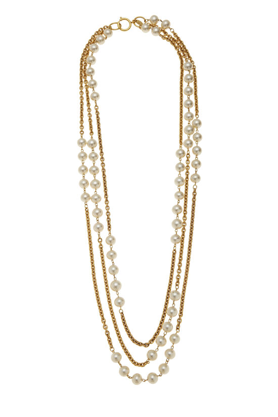 Gold & Faux Pearl Necklace XL, , large image number 0