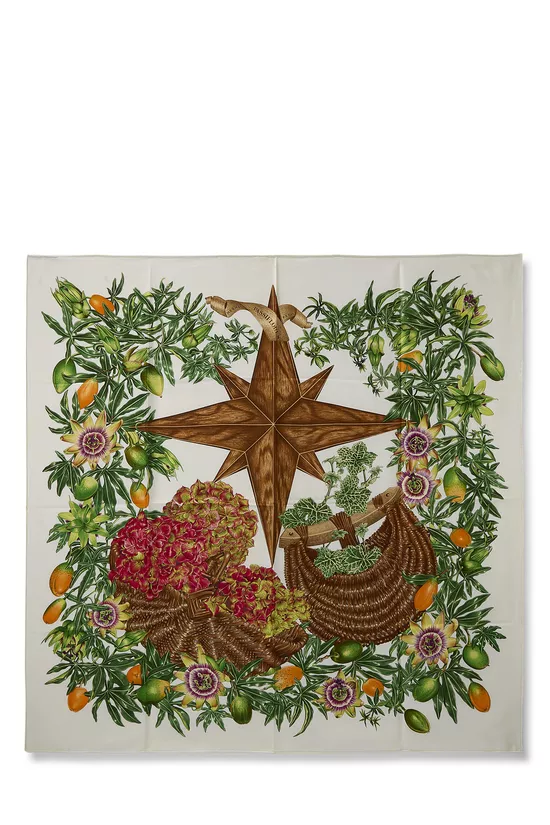 Cream & Multicolor 'Passiflores' Silk Scarf 90, , large image number 0