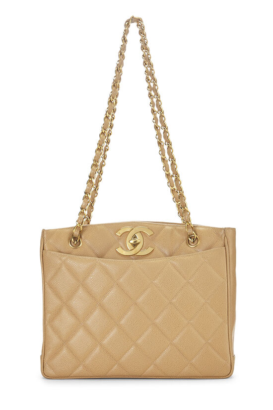 Beige Quilted Caviar Turnlock Tote Small
