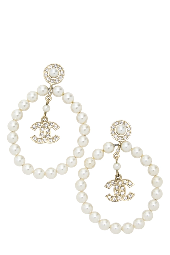 Gold Crystal 'CC' Faux Pearl Circle Earrings, , large image number 0