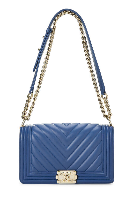Chanel Blue Chevron Lambskin Boy Bag Medium Q6BFOF1IB7008