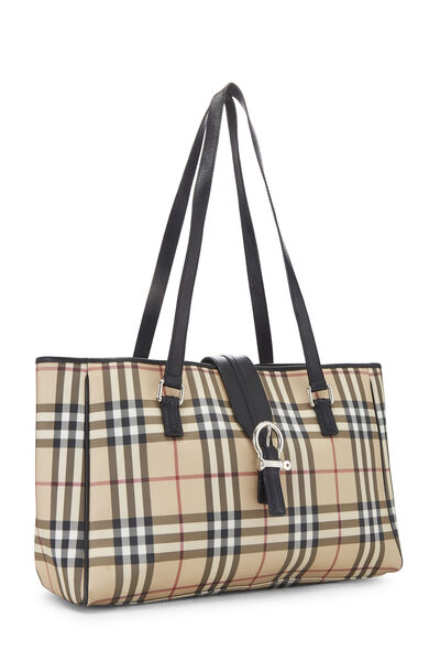 Beige Nova Check Coated Canvas Buckle Tote Large , , large