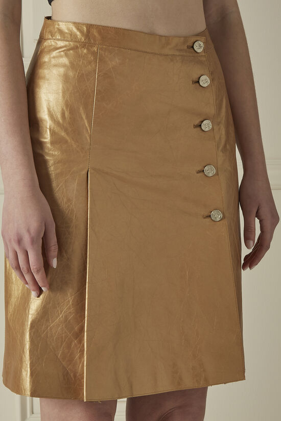 Gold Calfskin Leather Knee Skirt, , large image number 2