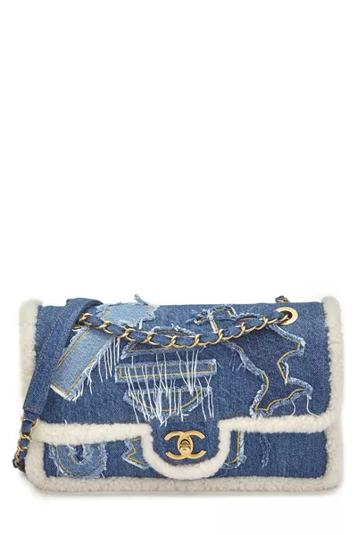 Paris-Egypt Blue Denim & Shearling Hieroglyph Flap Medium