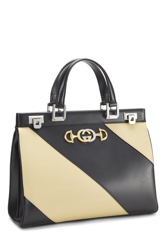 Black & Beige Diagonal Leather Zumi Top Handle Bag Medium, , large image number 3