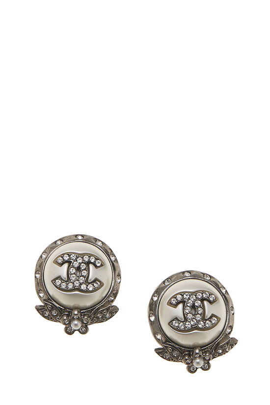 Chanel Silver & Faux Pearl Crystal 'CC' Button Earrings