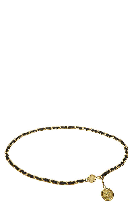 Gold & Black Leather Chain Belt, , large image number 0