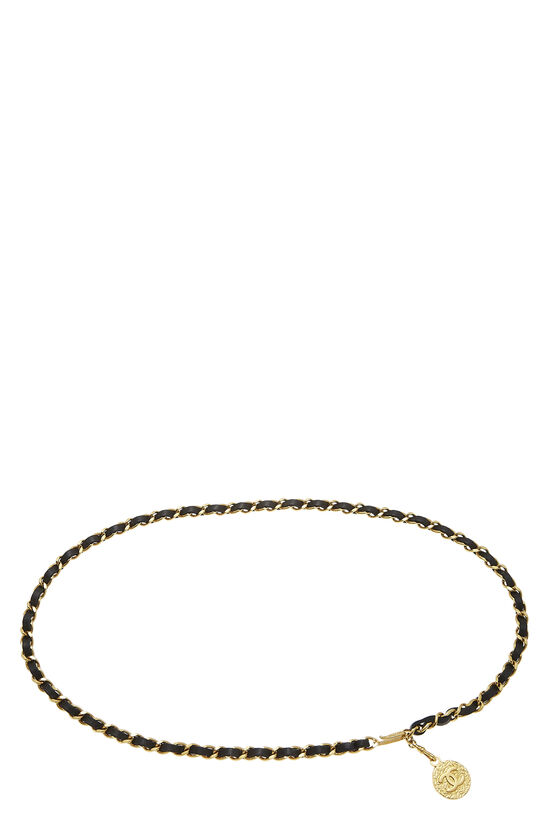 Gold & Black Leather Chain Belt, , large image number 0