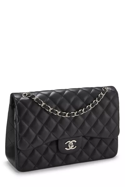 Black Quilted Lambskin New Classic Double Flap Jumbo, , large