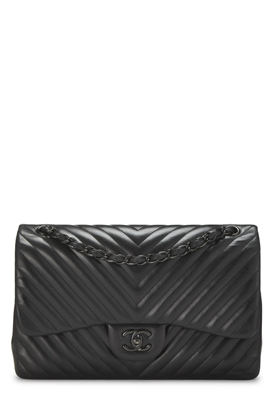 Chanel Black Quilted Lambskin So Black Chevron New Classic Jumbo