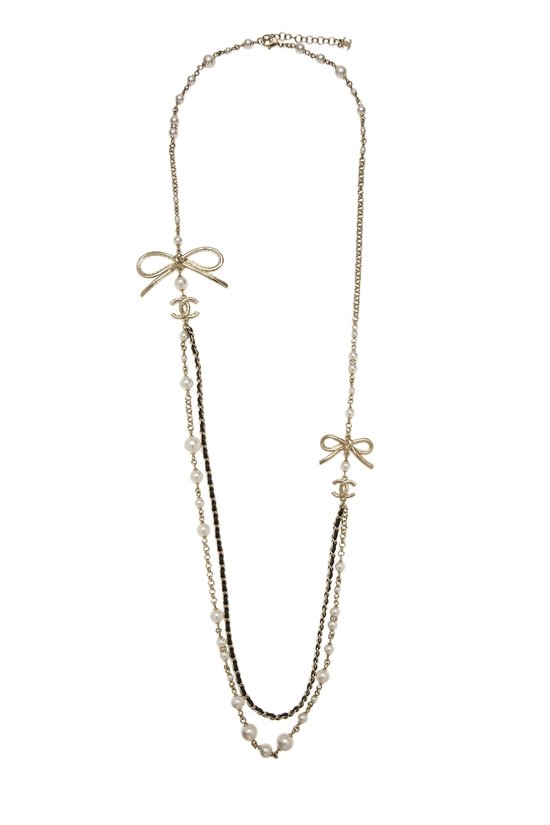 Gold Faux-Pearl 'CC' Bow Necklace, , large image number 0