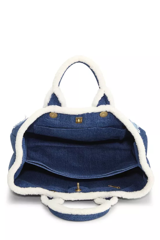 Paris-Egypt Blue Denim Shearling Hieroglyph Shopping Tote, , large image number 5