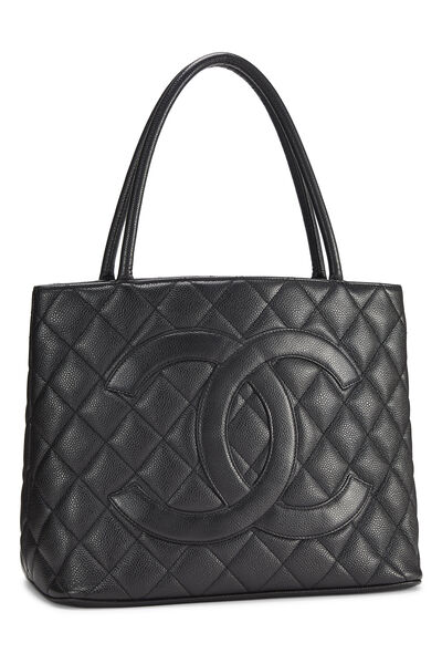 Black Quilted Caviar Medallion Tote, , large