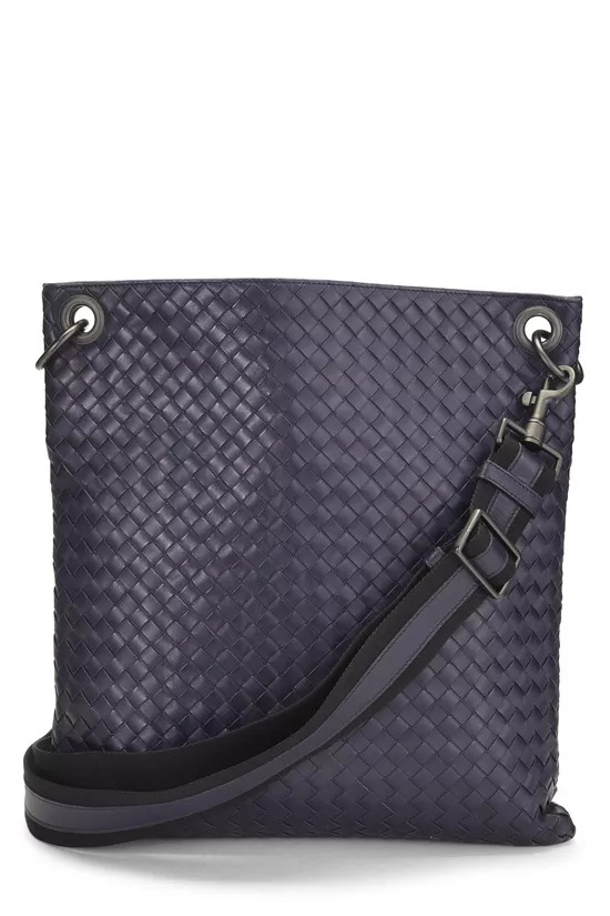 Navy Intrecciato Leather Flat Messenger Bag, , large image number 3