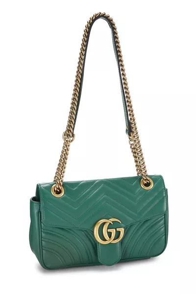 Green Leather GG Marmont Shoulder Bag Small, , large