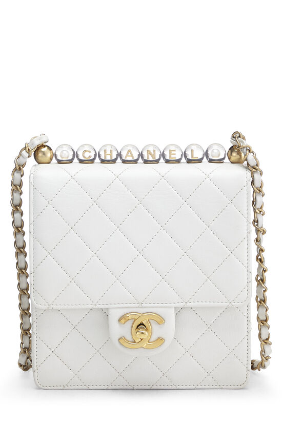 White Quilted Lambskin Chic Pearl Chain Flap Small