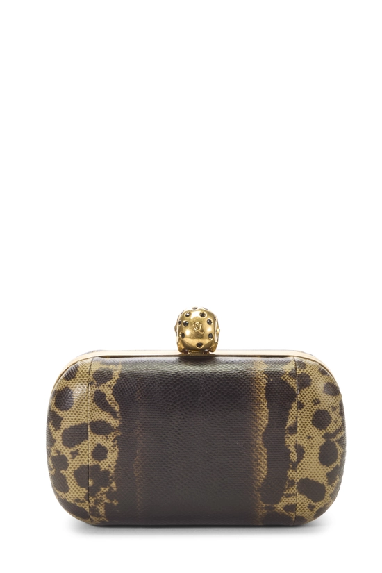 Brown Embossed Leather Skull Box Clutch, , large image number 3
