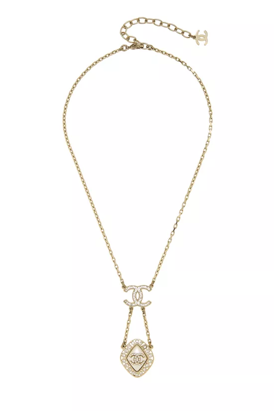 Gold Faux Pearl & Crystal 'CC' Necklace, , large image number 0