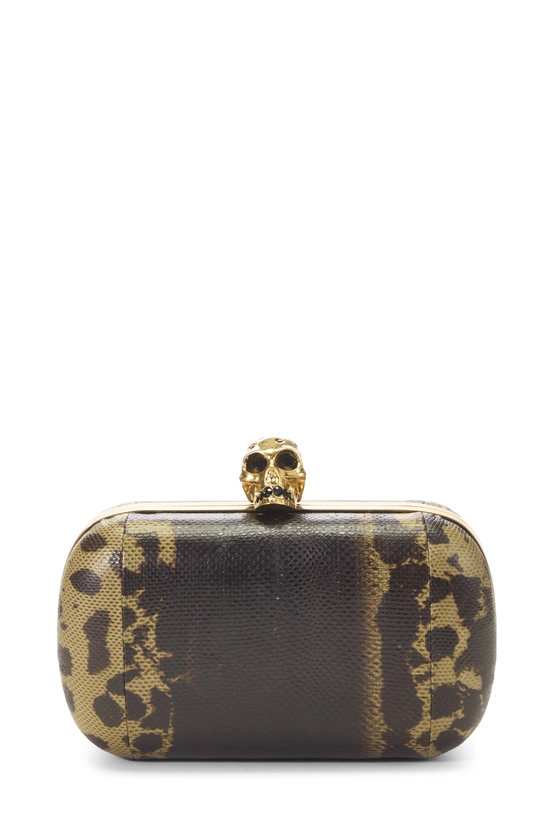 Brown Embossed Leather Skull Box Clutch, , large image number 0