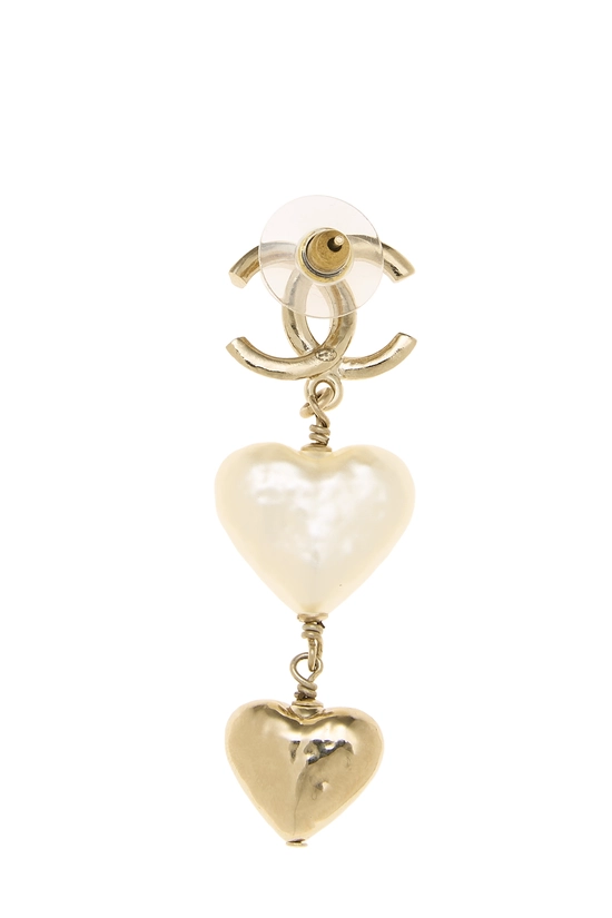 Gold Faux Pearl 'CC' Heart Dangle Earrings, , large image number 1