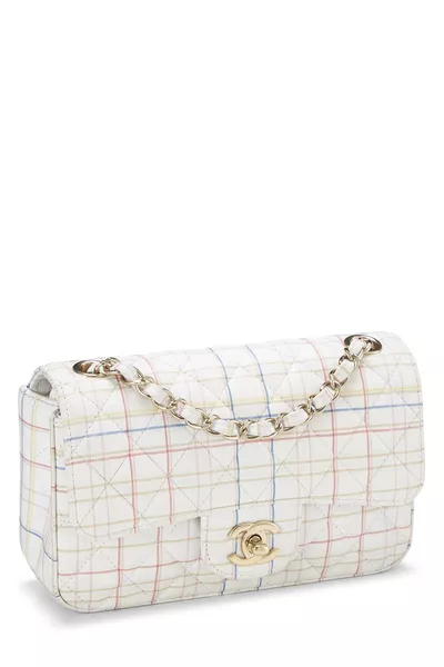 White & Multicolor Plaid Calfskin Rectangular Flap Mini, , large