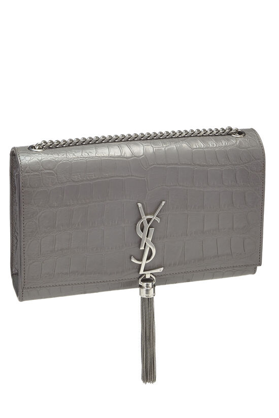 Grey Embossed Leather Kate Tassel Bag Medium, , large image number 3