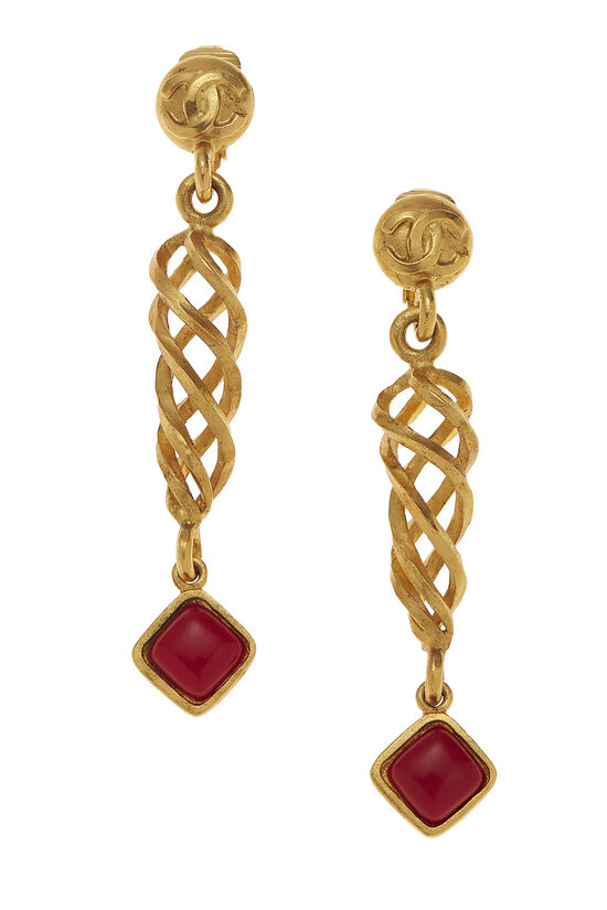 Gold & Red Acrylic Twisting Dangle Earrings, , large image number 1
