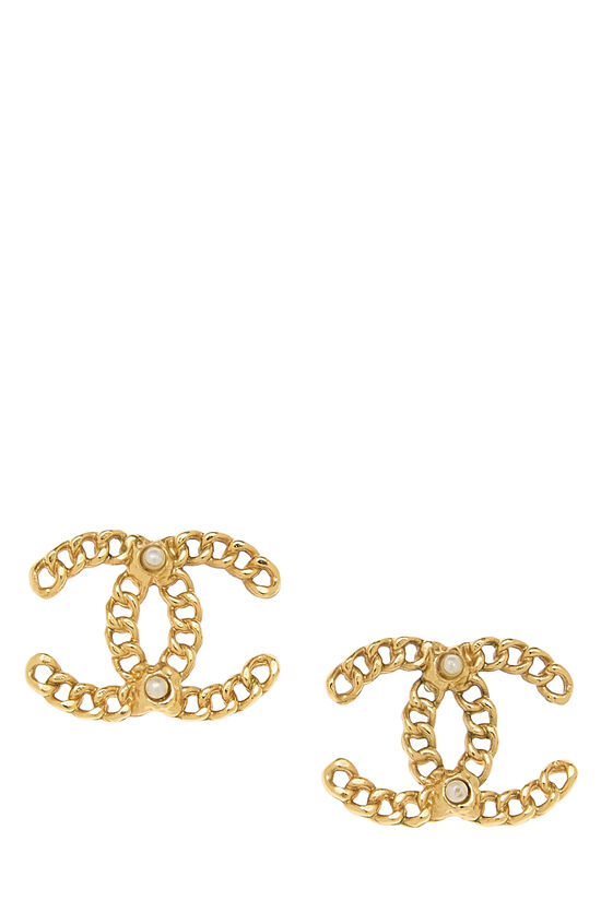Gold & Faux Pearl 'CC' Earrings, , large image number 0