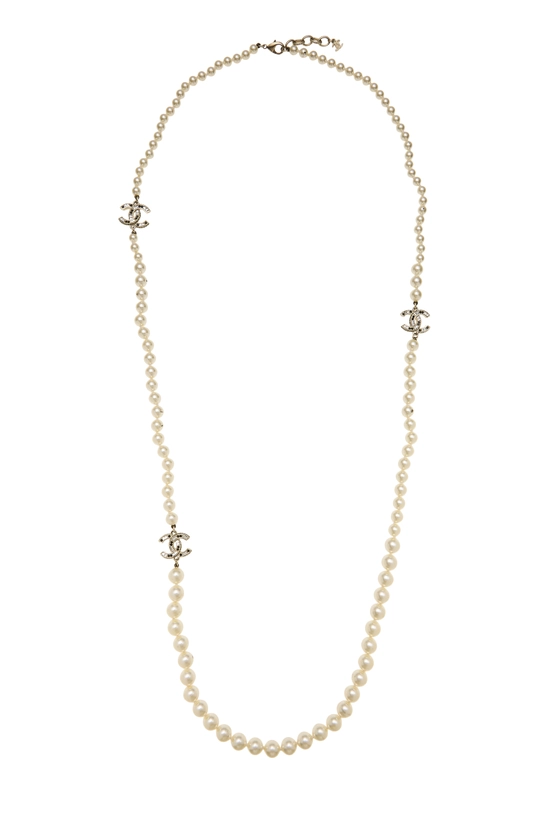 Gold Faux Pearl 'CC' Crystal Necklace, , large image number 0