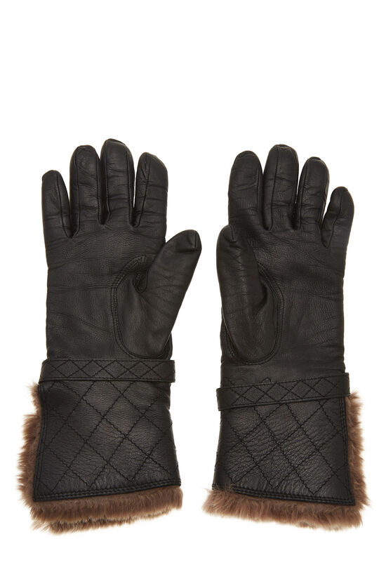 Black Leather Fur Trimmed Gloves, , large image number 0