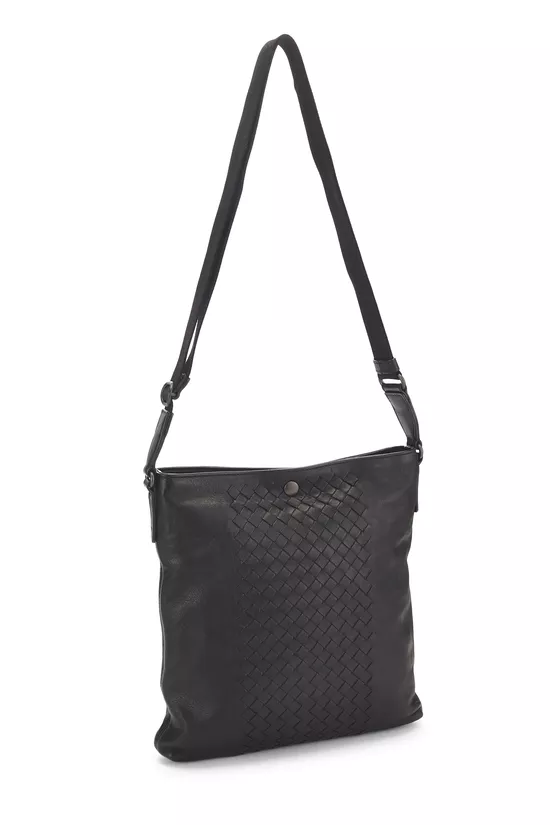 Black Intrecciato Leather Flat Messenger Bag, , large image number 1