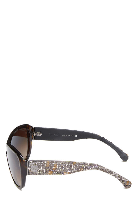 Brown Faux Tortoise Acetate And Tweed Sunglasses, , large image number 4