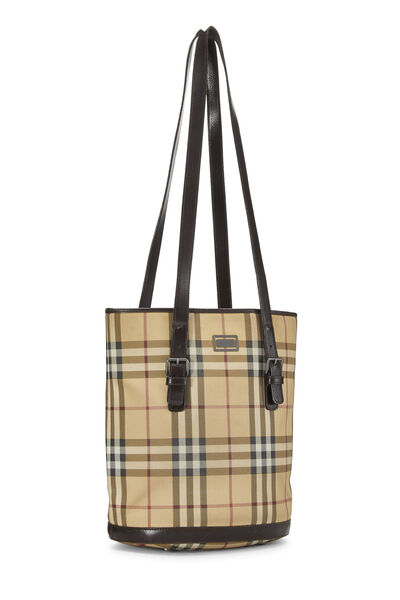 Beige Check Coated Canvas Bucket Bag Small, , large