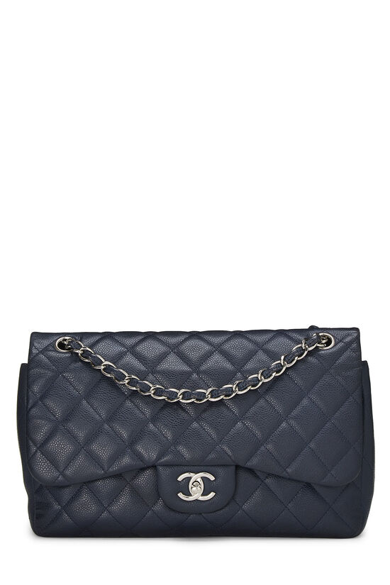 Chanel Navy Quilted Caviar New Classic Double Flap Jumbo