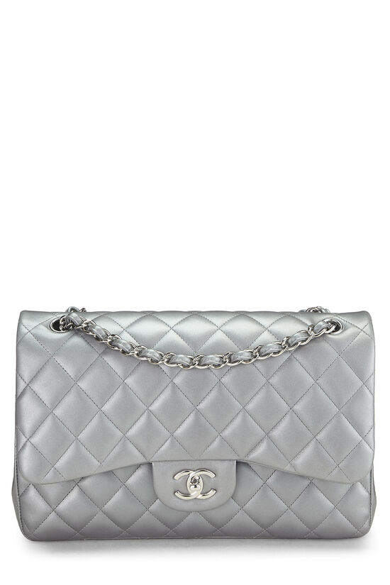 Metallic Silver Quilted Lambskin New Classic Double Flap Jumbo, , large image number 0