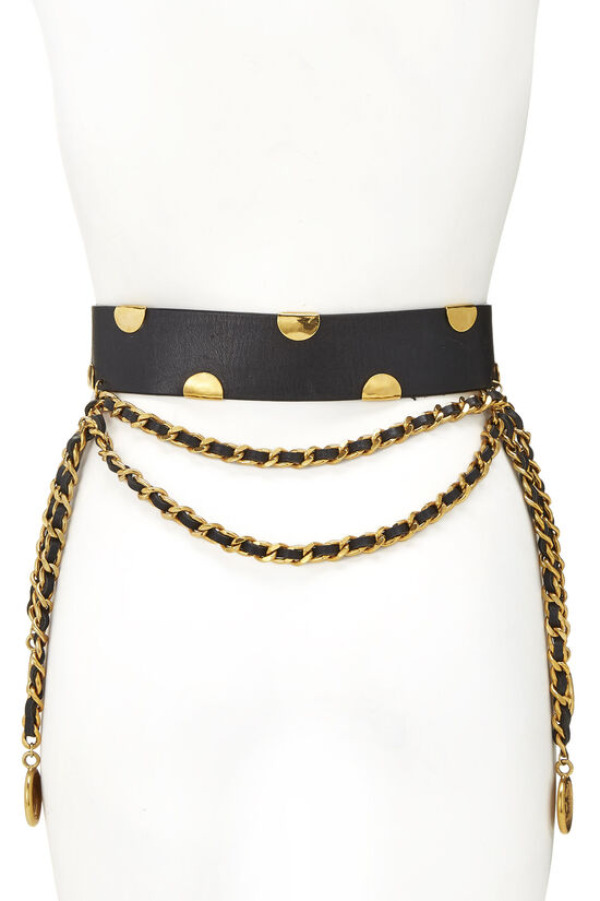 Black Leather Draped Chain Waist Belt, , large image number 4