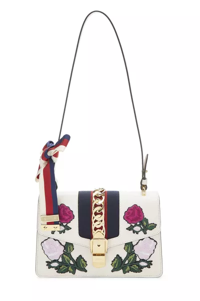 White Floral Embroidered Leather Sylvie Shoulder Bag Small