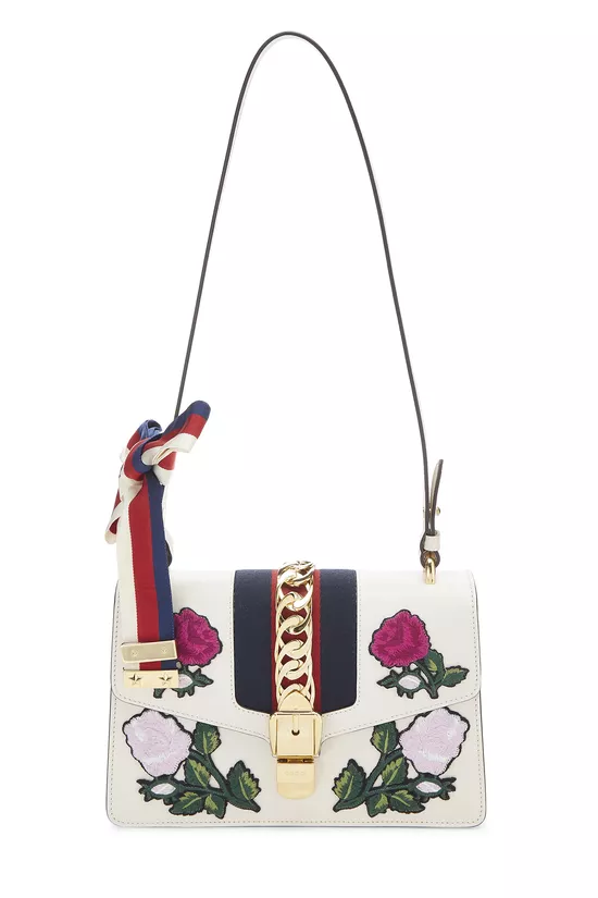 White Floral Embroidered Leather Sylvie Shoulder Bag Small, , large image number 0
