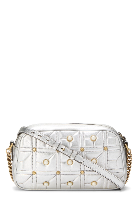 Silver Leather & Faux Pearl GG Marmont Crossbody Small, , large image number 3