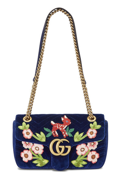 Blue Embroidered Velvet GG Marmont Shoulder Bag Small