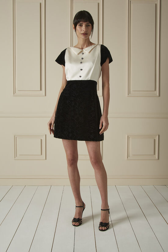 Black & White Glittery Velvet Satin Collared Dress, , large image number 0