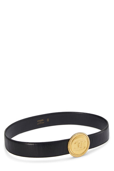 Gold & Black Leather 'CC' Medallion Belt, , large