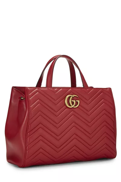 Red Leather GG Marmont Top Handle Bag Medium, , large