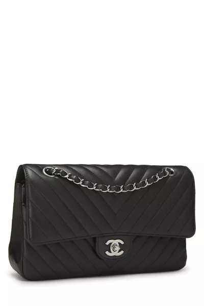 Black Chevron Lambskin Classic Double Flap Medium, , large