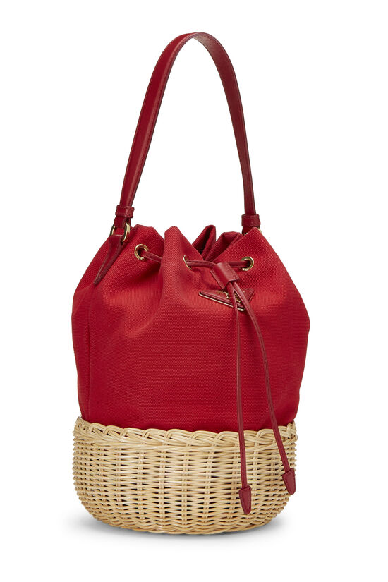 Red Canvas & Wicker Convertible Bucket Bag, , large image number 3